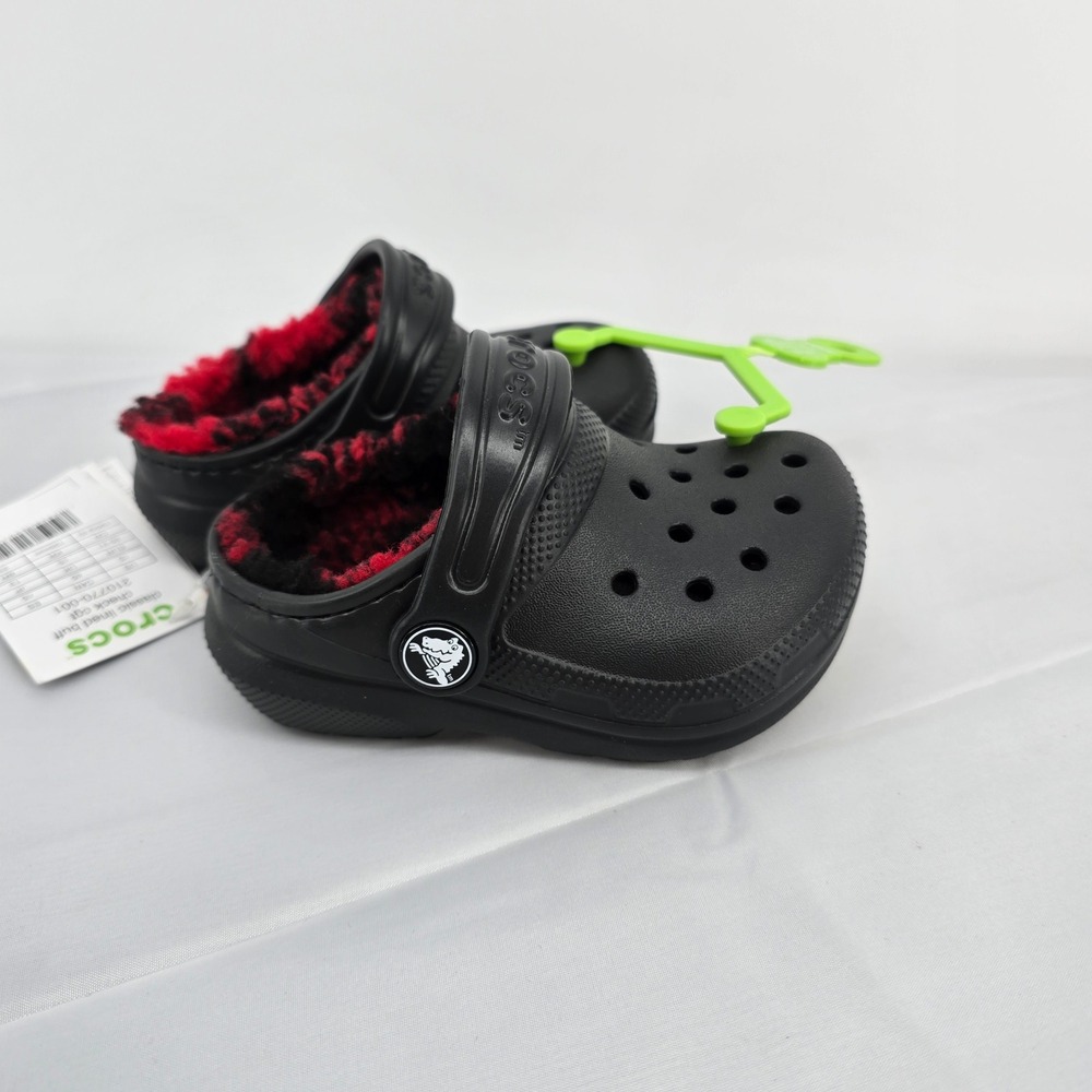 Crocs Classic Lined Buffalo Check Clog Black Red Plaid‎ Kids Toddler C5 New